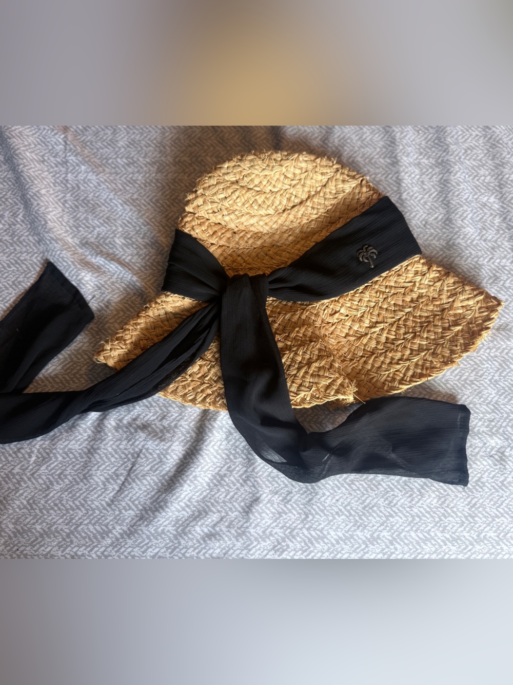 Sun 'N' Sand UPF 50+ Packable Backless Straw Sun Hat | Black Scarf & Palm Tree